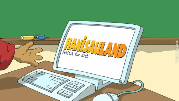 Zeichnung eines Computers mit dem geöffneten Portal HanisauLand. Foto: Stefan Eling/bpb